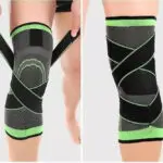 Rodillera deportiva de compresión ajustable con correas cruzadas, color gris y verde.