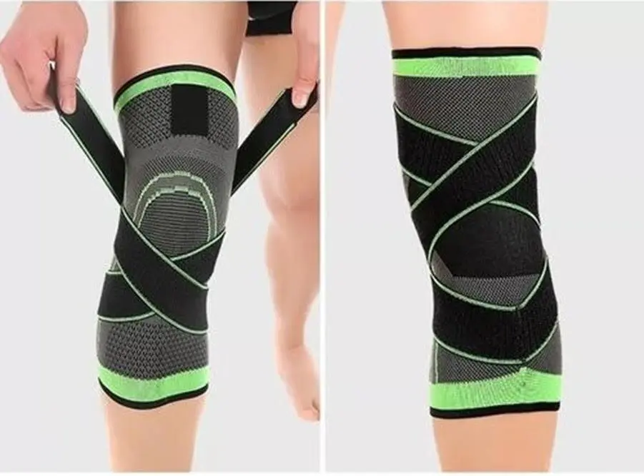 Rodillera deportiva de compresión ajustable con correas cruzadas, color gris y verde.