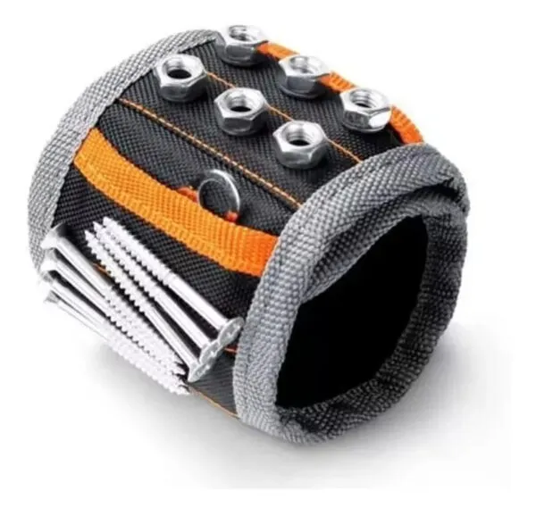 Brazalete magnético para herramientas sujetando tuercas y tornillos metálicos.