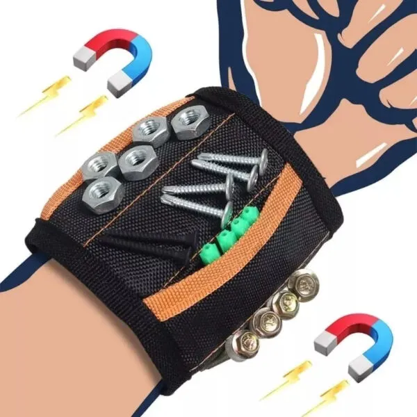 Brazaletes magnéticos con tuercas, tornillos y taquetes en muñeca de trabajador.