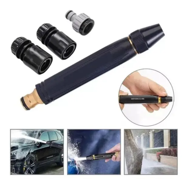 Boquilla para manguera de alta presión con accesorios, ideal para lavar autos y exteriores.