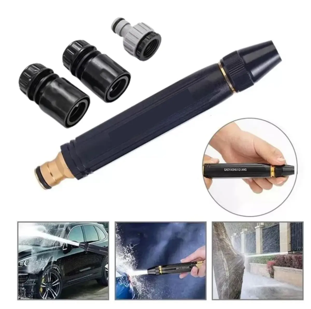 Boquilla para manguera de alta presión con accesorios, ideal para lavar autos y exteriores.