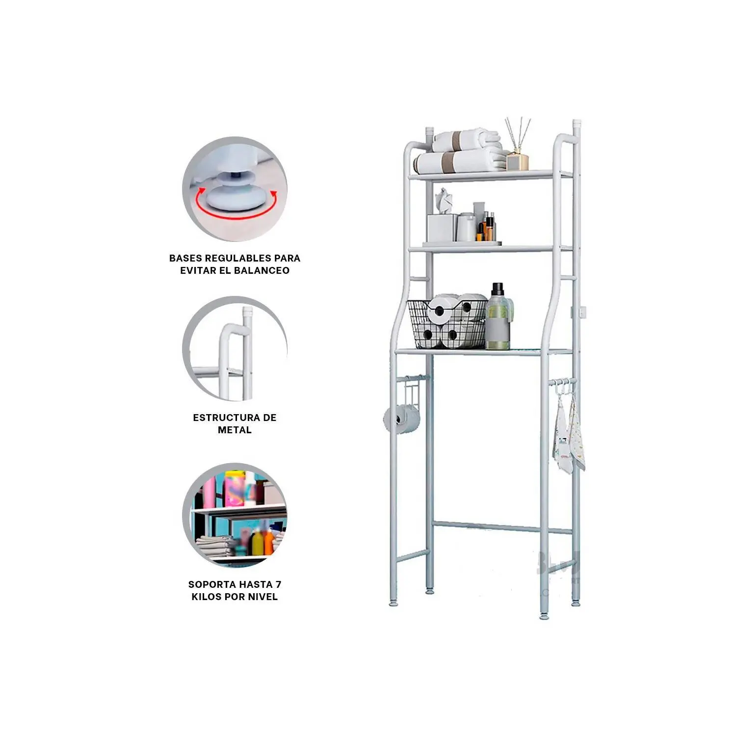 Organizador de baño metálico con 3 niveles, ideal para colgar toallas y almacenar artículos de tocador.