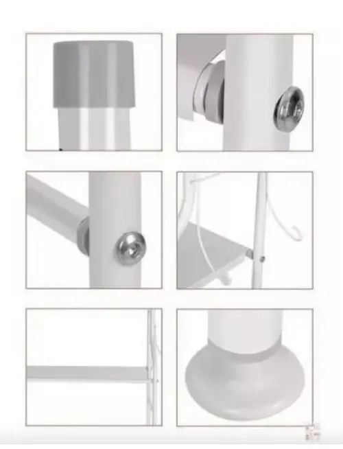 Estantería de baño blanca con detalles de tornillos y base redonda.