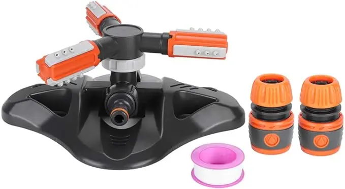 Aspersor rociador de jardín 360 grados giratorio con conectores y cinta.