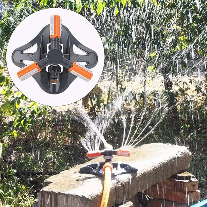 Aspersor de jardín 360 grados, rociador giratorio que irriga césped y plantas con manguera.
