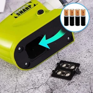 Afilador de cuchillos eléctrico portátil con baterías D mostradas, detallando compartimento abierto y flecha de inserción.