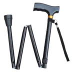 Bastón ortopédico plegable de aluminio negro con puño ergonómico y correa, ideal para movilidad y apoyo.