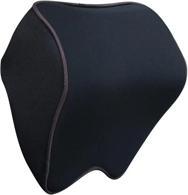 Apoya cabezas para coche de memory foam negro con ribete gris, soporte ergonómico para cuello.
