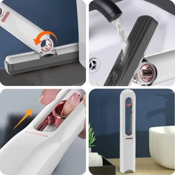 Mini trapeador de escritorio blanco para limpiar superficies, giratorio y compacto.