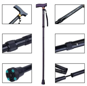 Bastón plegable ortopédico de aluminio ajustable, con empuñadura ergonómica y base antideslizante.