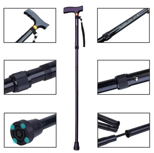 Bastón plegable ortopédico de aluminio ajustable, con empuñadura ergonómica y base antideslizante.