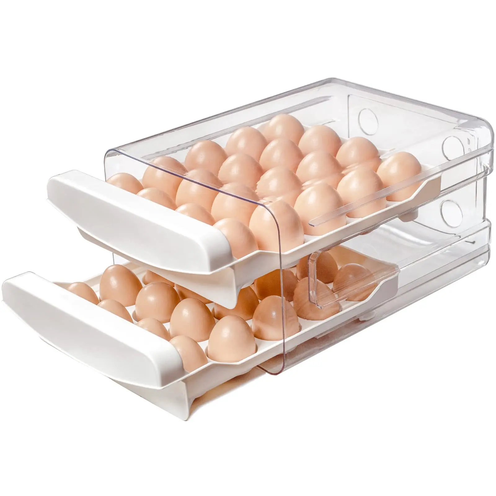 Contenedor de huevos apilable transparente con dos bandejas y múltiples huevos de color marrón claro.