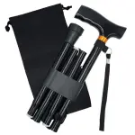 Bastón plegable ortopédico de aluminio negro con bolsa de transporte, ajustable y portátil.