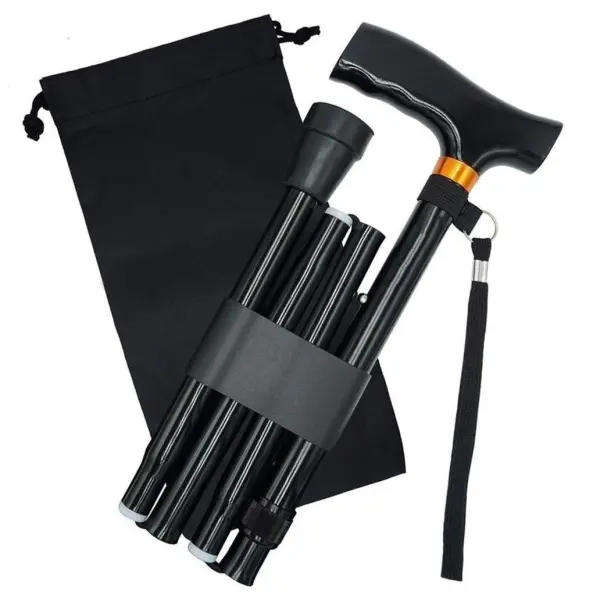 Bastón plegable ortopédico de aluminio negro con bolsa de transporte, ajustable y portátil.
