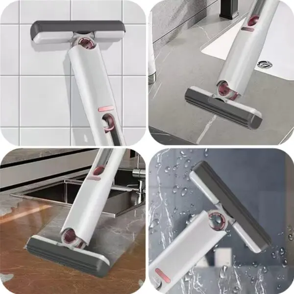 Mini trapeador de escritorio gris y blanco limpiando superficies.