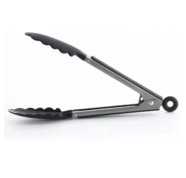 Pinzas de cocina x2 en acero inoxidable con puntas de silicona, ideales para asador y servir.
