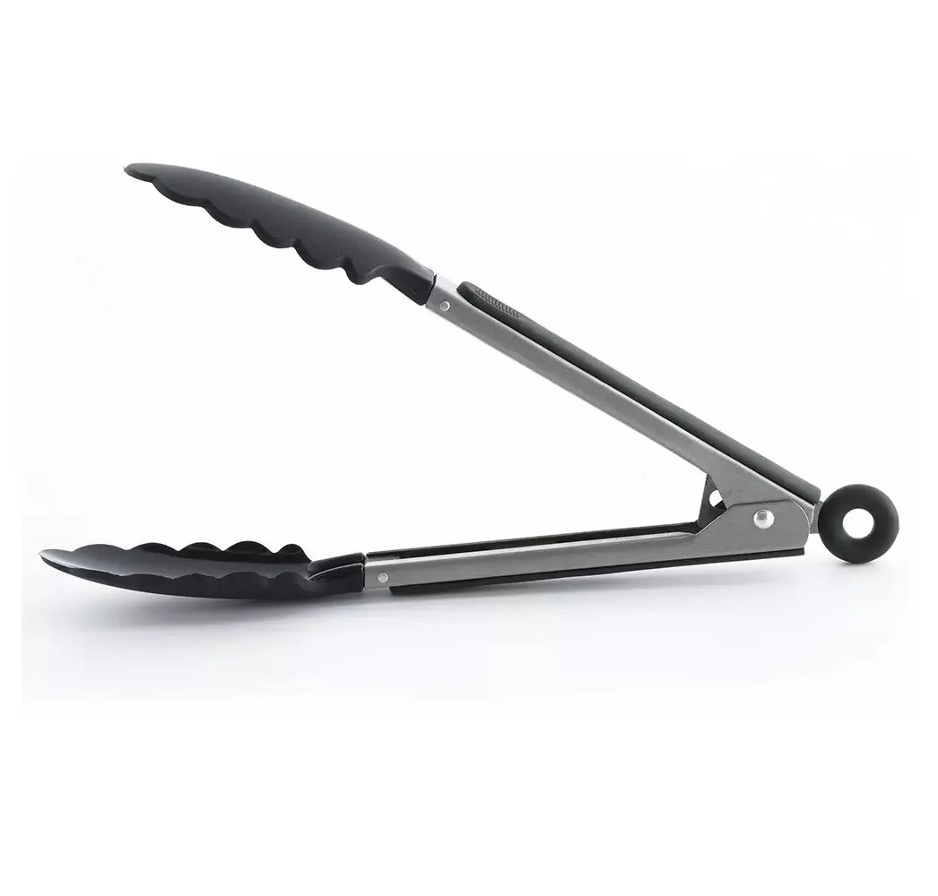 Pinzas de cocina x2 en acero inoxidable con puntas de silicona, ideales para asador y servir.