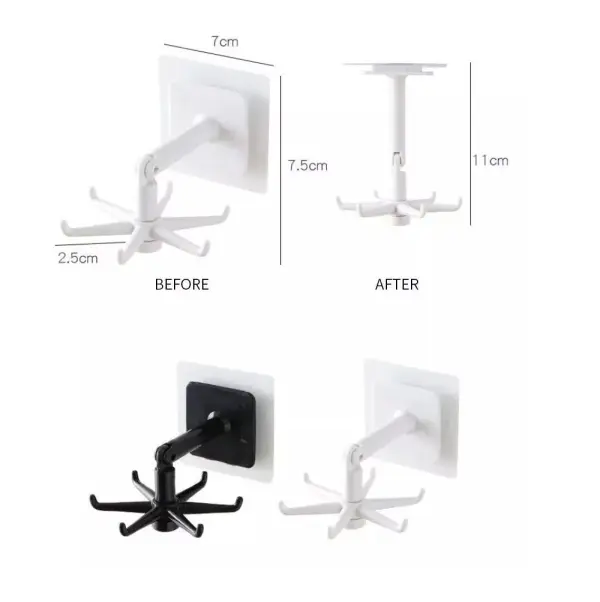 Set x4 ganchos giratorios de cocina blancos, con 6 brazos y medidas visibles.