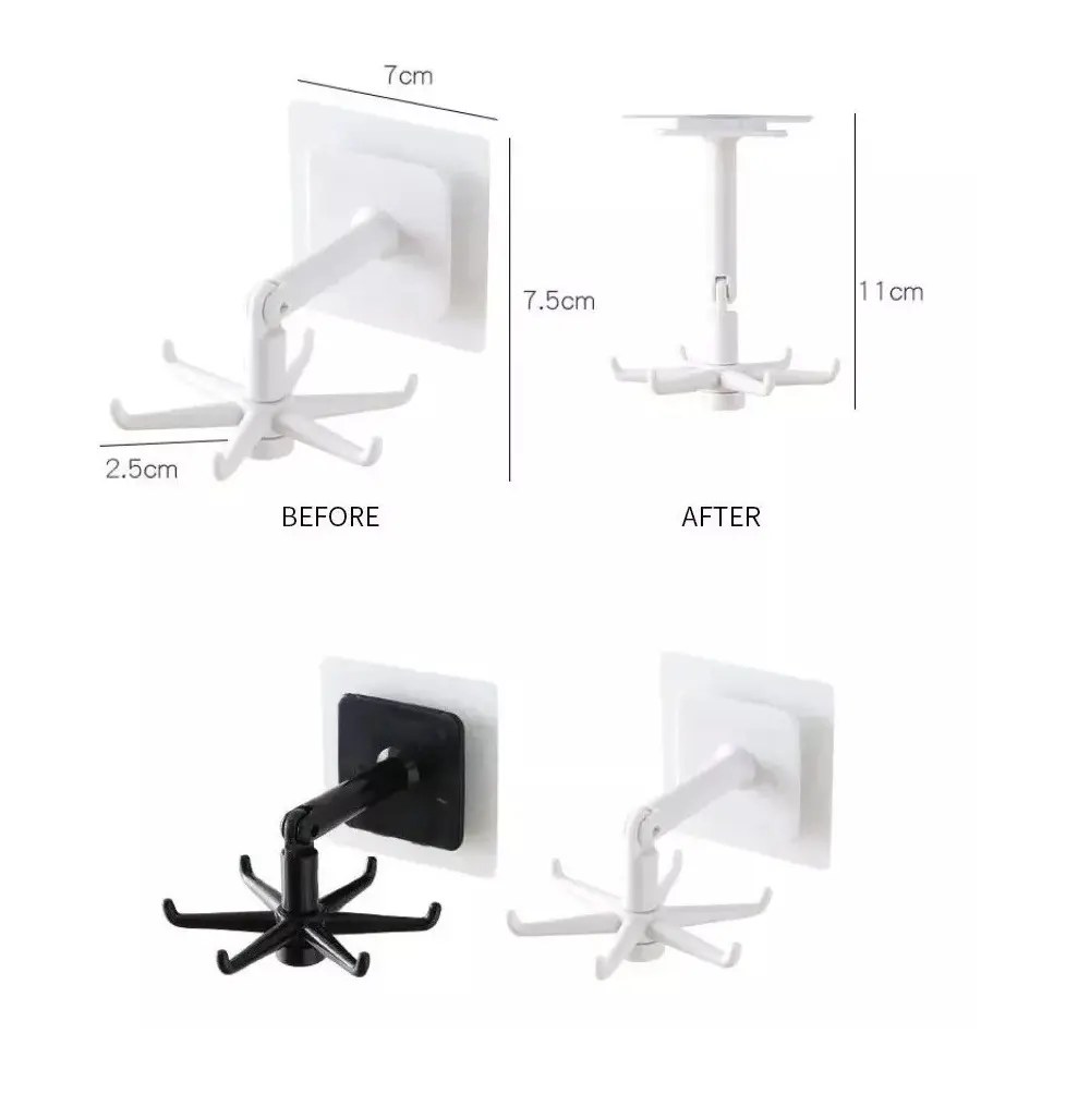 Set x4 ganchos giratorios de cocina blancos, con 6 brazos y medidas visibles.