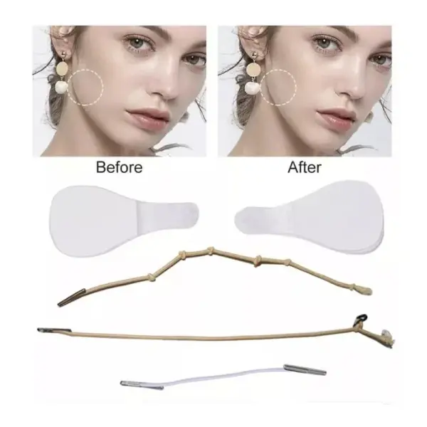 Cinta facial Secret Lift: antes y después, con parches y elásticos para rostro.