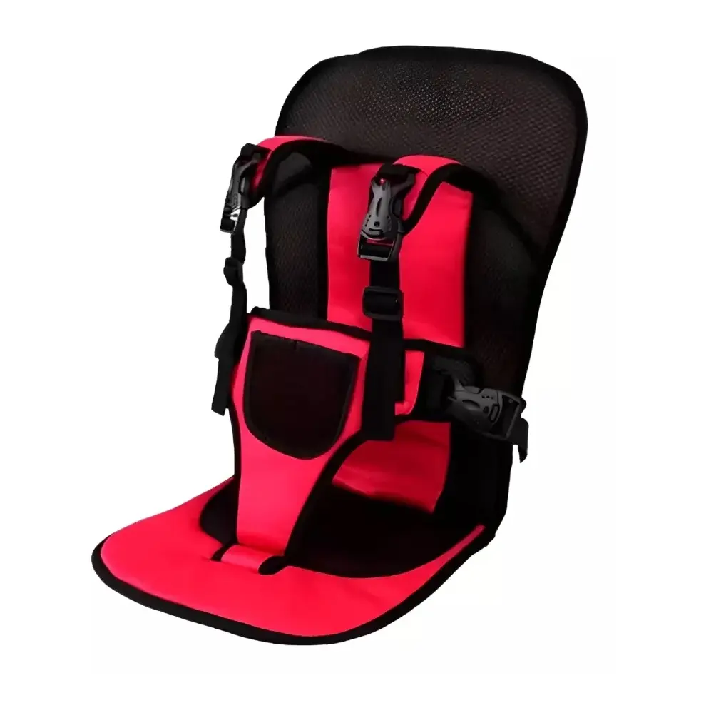 Asiento infantil para carro, silla de seguridad ajustable con cinturones y hebillas, color rosa y negro.