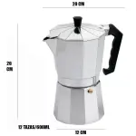 Cafetera italiana de aluminio 12 tazas, 26 cm alto, 20 cm ancho.