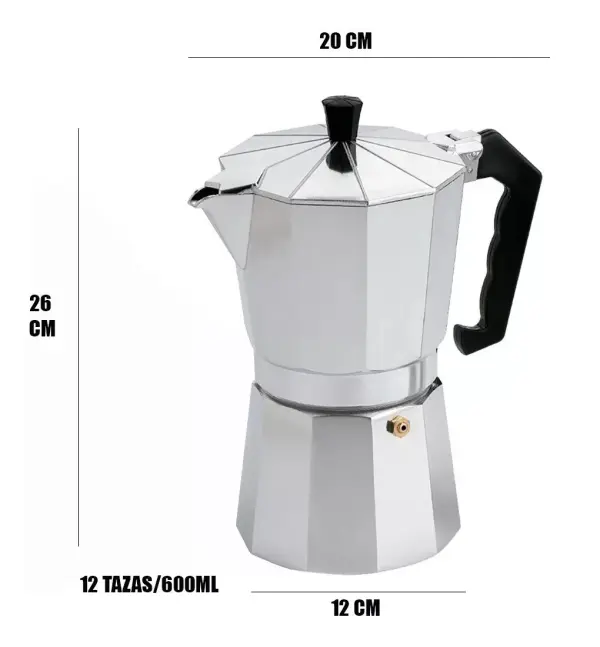 Cafetera italiana de aluminio 12 tazas, 26 cm alto, 20 cm ancho.