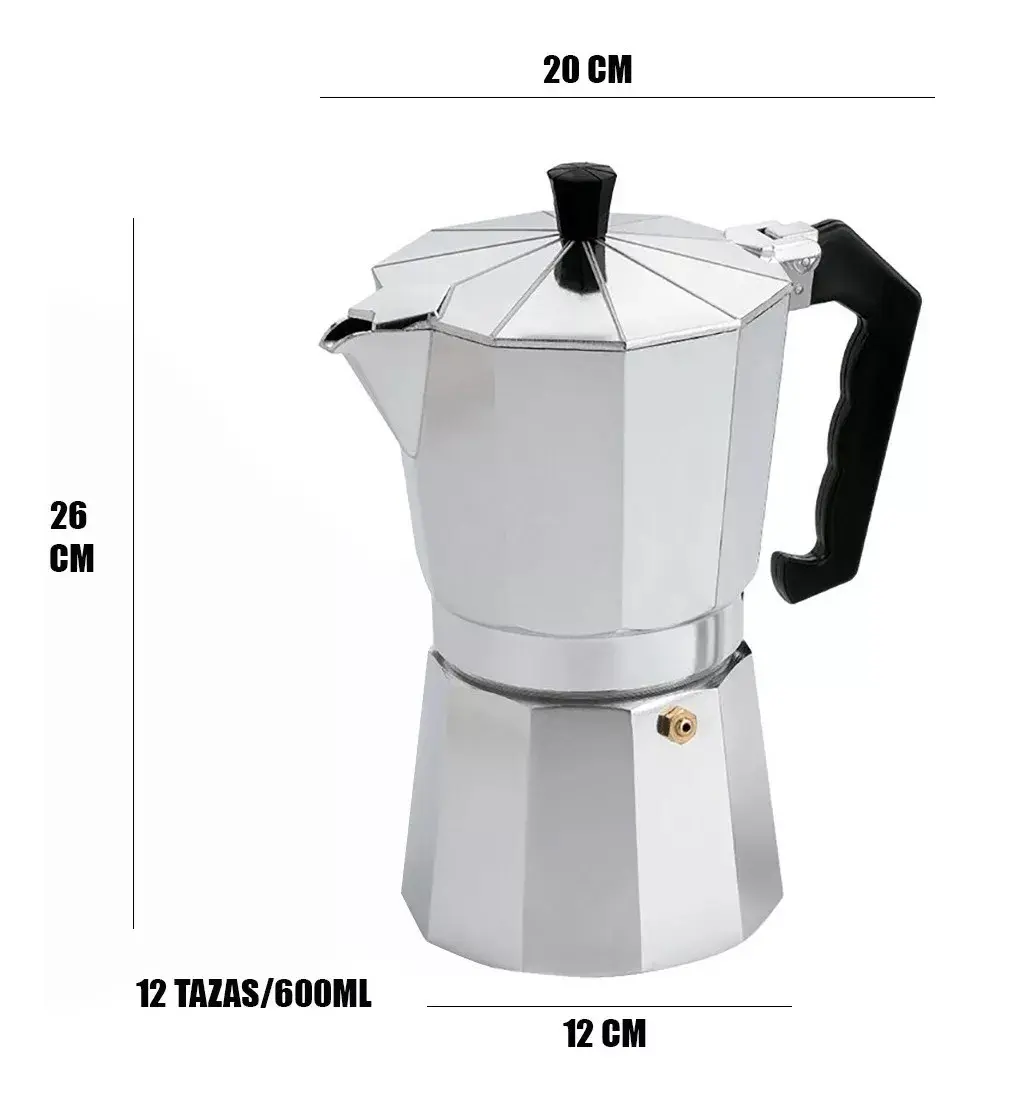 Cafetera italiana de aluminio 12 tazas, 26 cm alto, 20 cm ancho.