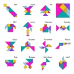 Set x2 Tangram didáctico de madera: 16 figuras geométricas de colores, incluye pen, vase, fir, candy, pistol, leaf.