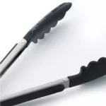Set x2 pinzas de cocina acero inoxidable mango silicona negro, ideal para asados y manejo de alimentos.