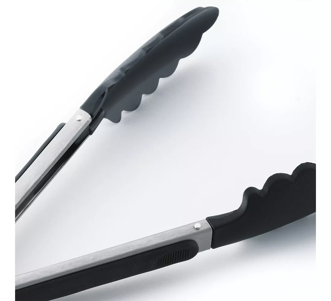 Set x2 pinzas de cocina acero inoxidable mango silicona negro, ideal para asados y manejo de alimentos.