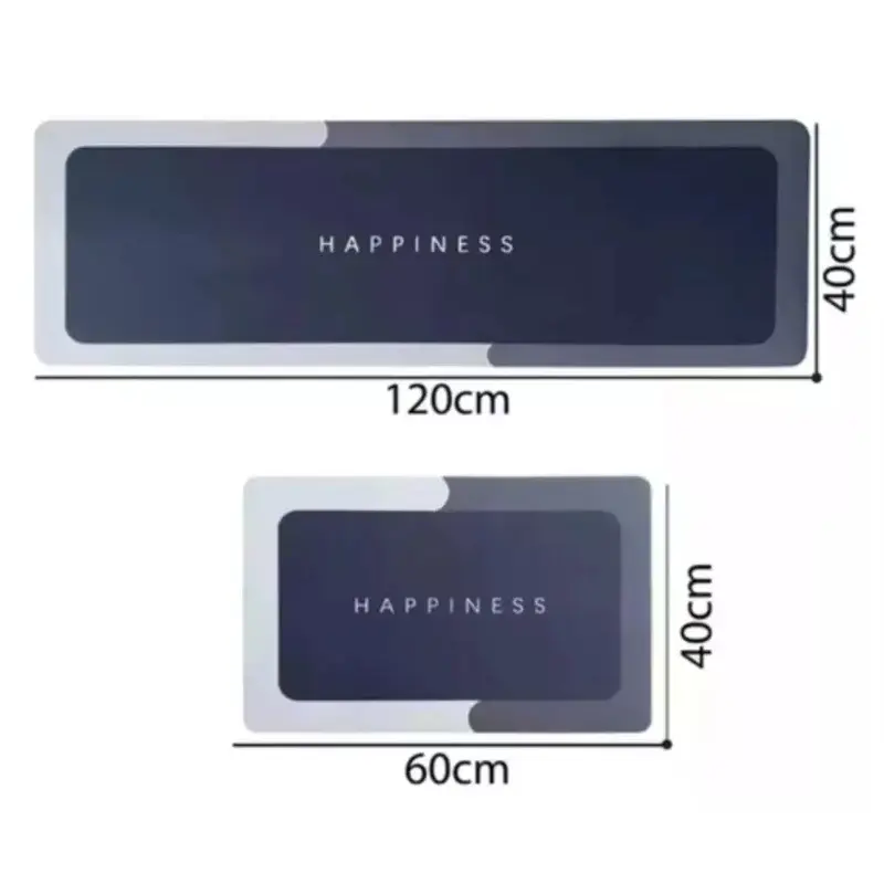 Kit x2 tapete cocina 120x40cm y 60x40cm azul con palabra HAPPINESS, absorbente y antideslizante.