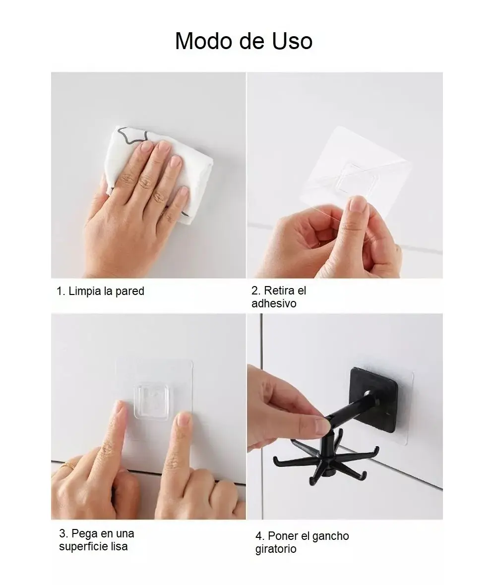 Set x4 ganchos giratorios negros para cocina, adhesivos y de fácil instalación en pared.