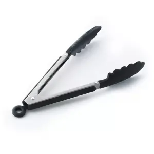 Set x2 pinzas de cocina en acero inoxidable con puntas de silicona negra, ideal para asados.