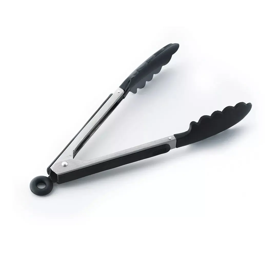Set x2 pinzas de cocina en acero inoxidable con puntas de silicona negra, ideal para asados.