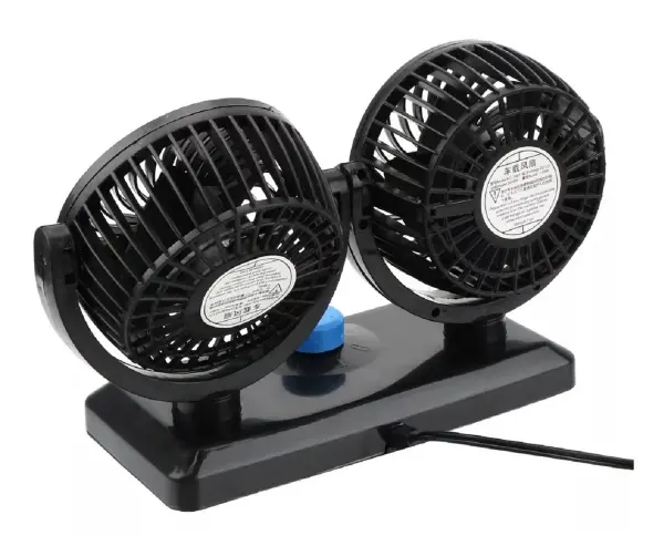 Ventilador doble negro para carro con cable, ideal para mantener el ambiente fresco.