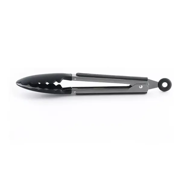 Set de 2 pinzas de acero inoxidable para cocina, con puntas de silicona negra y mango ergonómico.