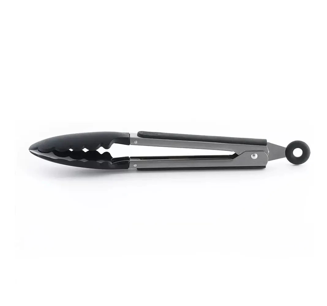 Set de 2 pinzas de acero inoxidable para cocina, con puntas de silicona negra y mango ergonómico.