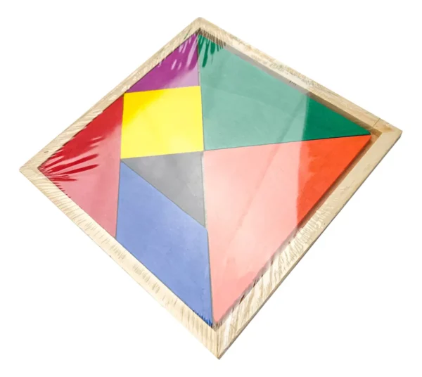 Set x2 Tangram didáctico de madera colorido en base cuadrada, ideal para niños.