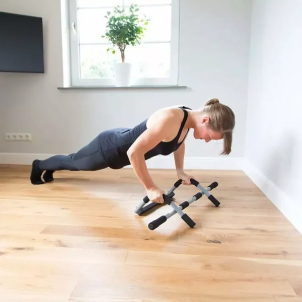 Mujer haciendo flexiones con barra para abdominales en suelo de madera.
