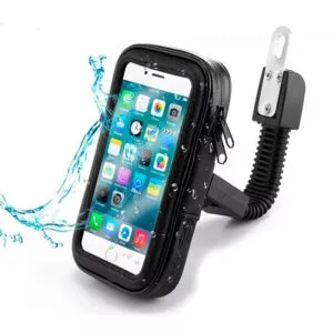 Soporte teléfono impermeable para moto con brazo flexible y sistema de anclaje.