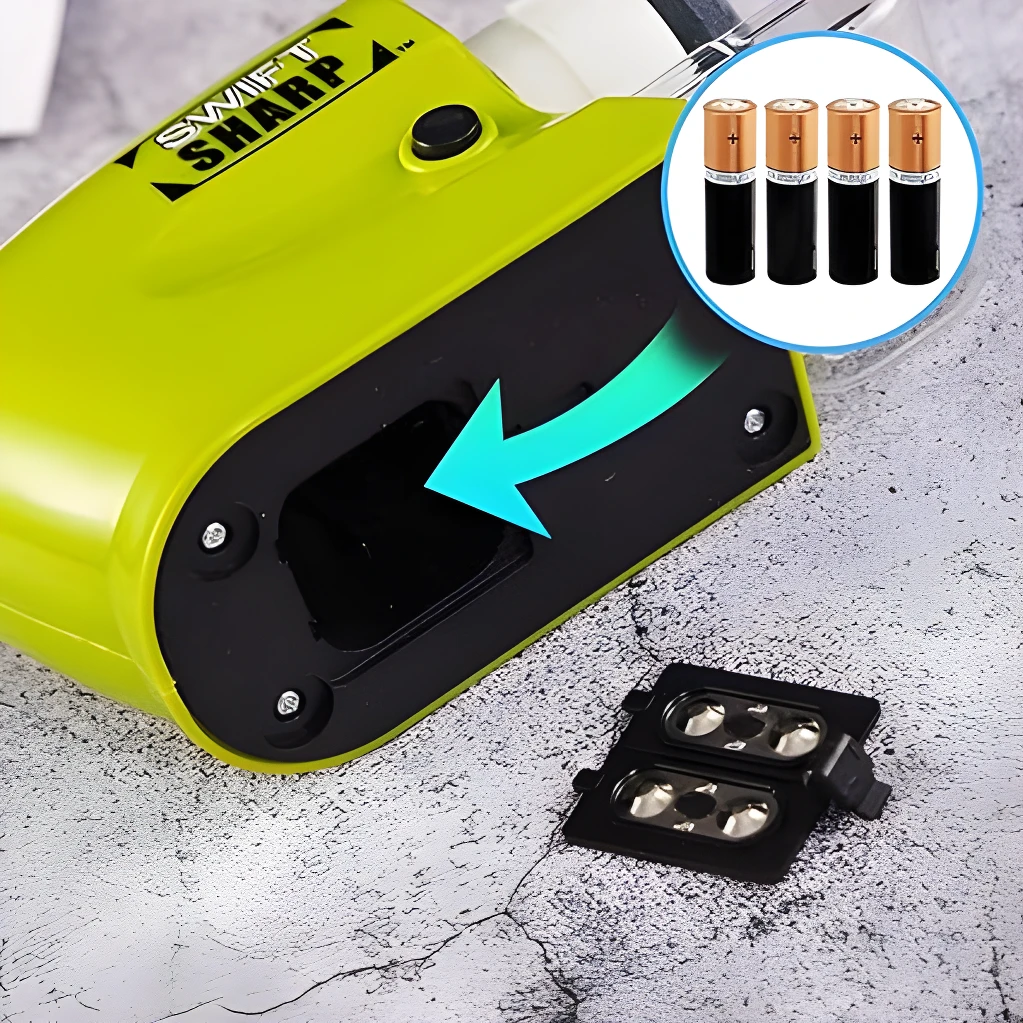 Afilador de cuchillos eléctrico portátil Swift Sharp verde con baterías AA.
