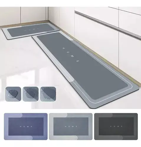 Kit x2 tapetes de cocina absorbentes y antideslizantes con diseño moderno "HOME" en gris.