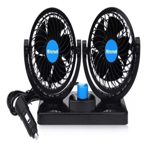 Ventilador doble Mitchell negro para carro con encendedor de cigarrillos, ideal para enfriar el habitáculo.