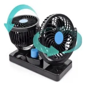 Ventilador doble negro para carro con flechas indicando movimiento circular, ideal para auto.