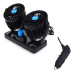 Ventilador doble para carro negro con conexión a encendedor y botón azul.