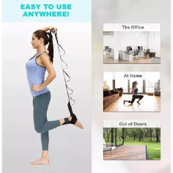 Banda de yoga para estirar piernas en rehabilitación, fácil de usar en cualquier lugar.