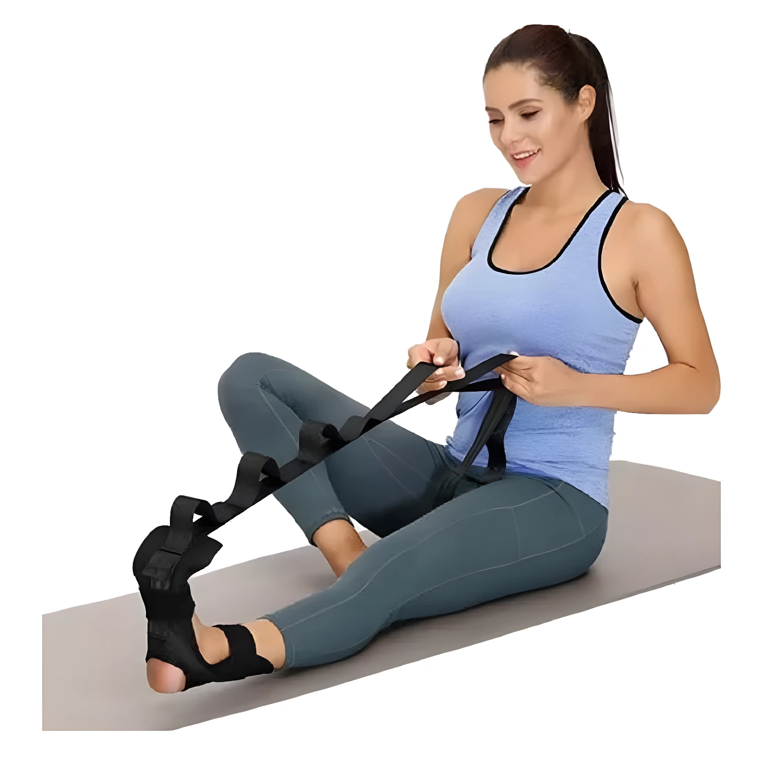 Mujer estirando pierna con banda de rehabilitación para yoga y estiramiento