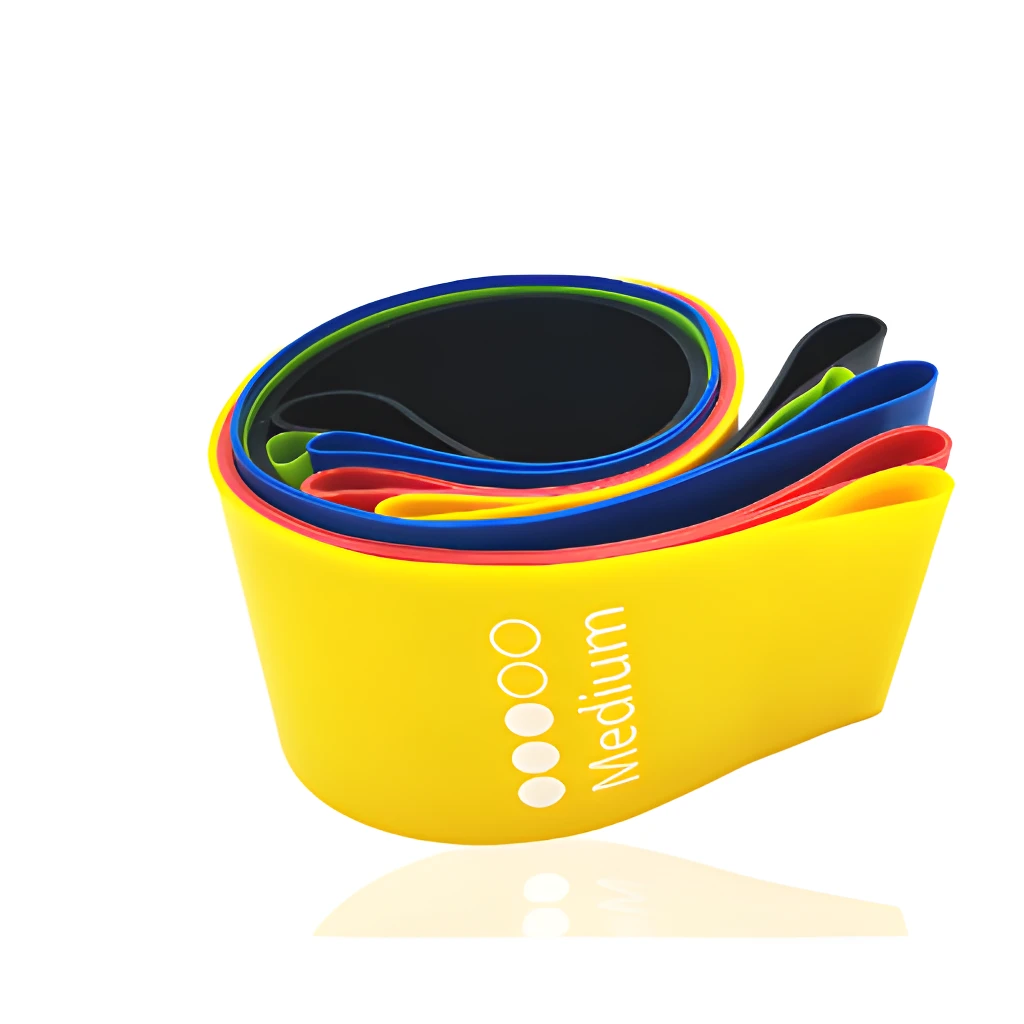 Set de 5 bandas elásticas de resistencia "Medium" para ejercicios, apiladas y en colores variados.